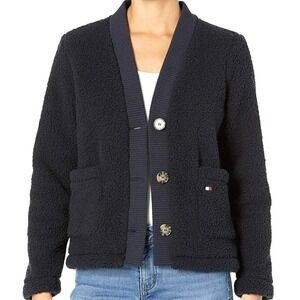 TOMMY HILFIGER Womens Medium Navy Blue Teddy Bear Button Sherpa Cardigan Sweater